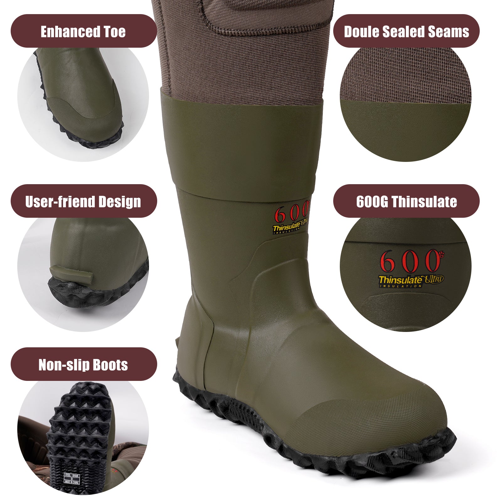 alt="Close-up of the boot detail from Trudave FrostTrail Series men’s waterproof neoprene hunting chest waders with boots in Real Reed camo showing enhanced toe protection, user-friendly ergonomic design, double sealed seams, 600G Thinsulate insulation, and non-slip rubber outsole built for duck hunting durability"